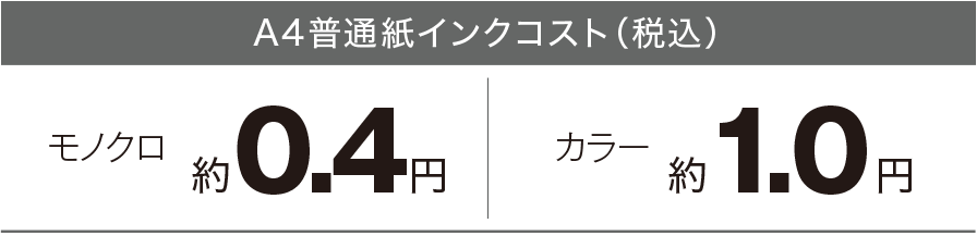 A4普通紙インクコスト（税込） モノクロ約0.4円 カラー約1.0円