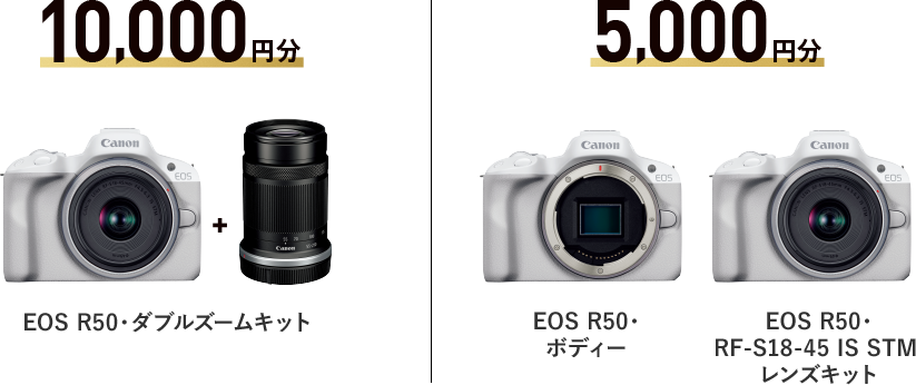 10,000円 EOS R50・ダブルズームキット / 5,000円 EOS R50・ボディー / EOS R50・RF-S18-45 IS STM レンズキット