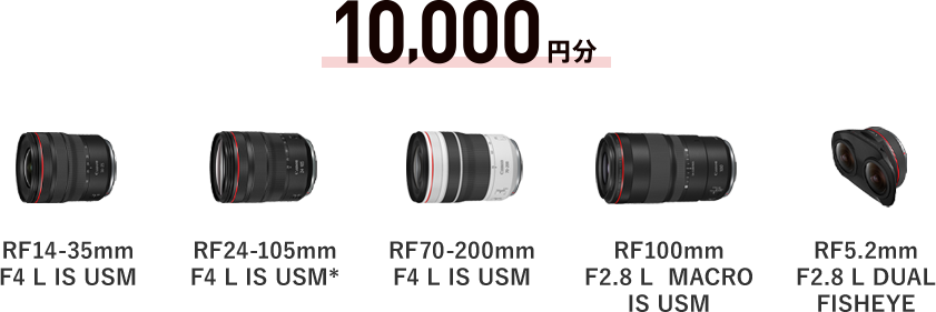 10,000円分 RF14-35mm F4 L IS USM / RF24-105mm F4 L IS USM / RF70-200mm F4 L IS USM / RF100m F2.8 L MACRO IS USM / RF5.2mm F2.8 L DUAL FISHEYE