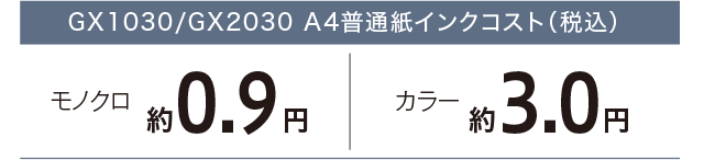 A4普通紙インクコスト（税込） モノクロ約0.9円 カラー約3.0円